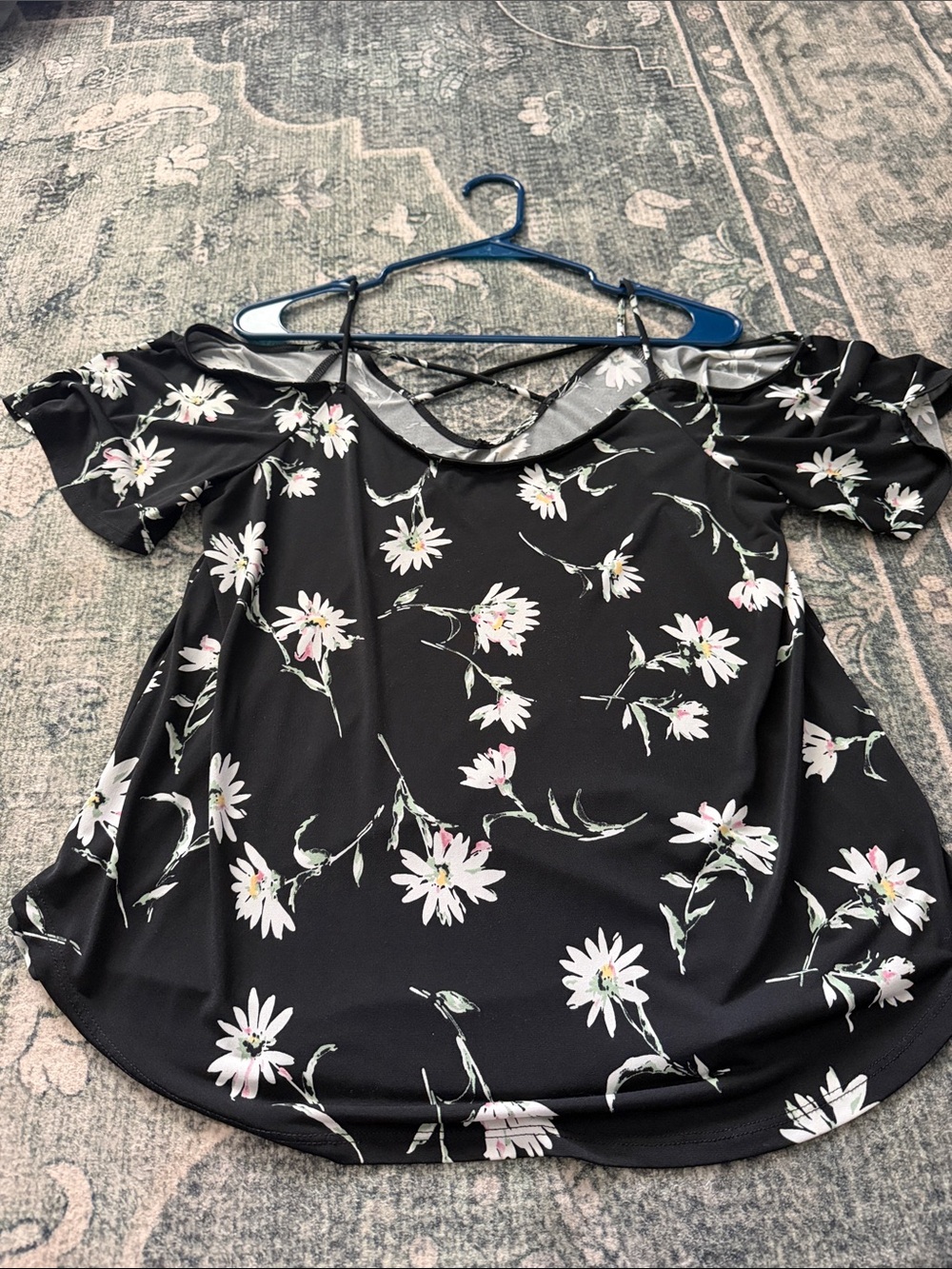 Cold-Shoulder Black Floral Top with Crisscross Back